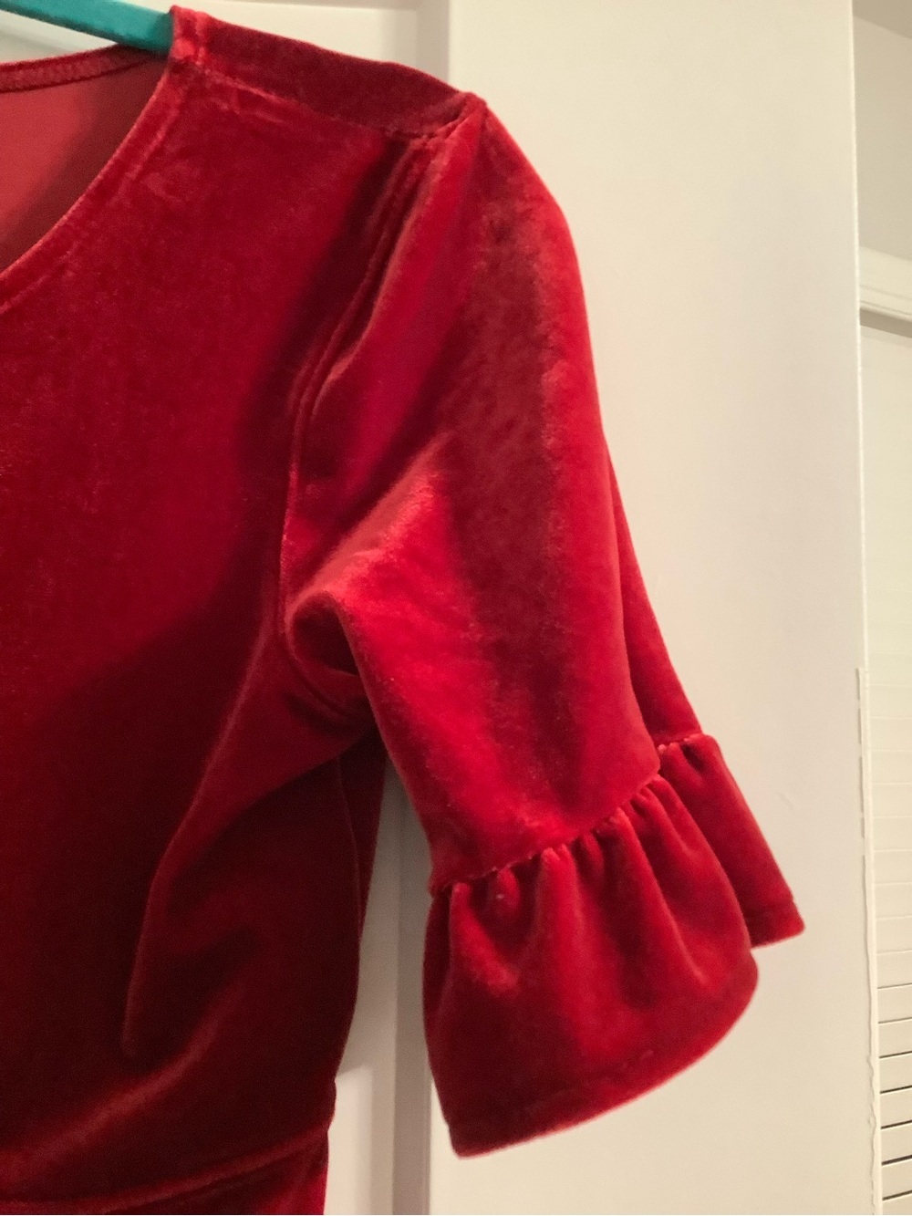 Girls' Red Velvet Midi Dress with Faux Button Front - Picture 3 of 6